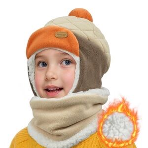 Kids Orange & Beige Thermal Fleece Balaclava Hat with Pom
